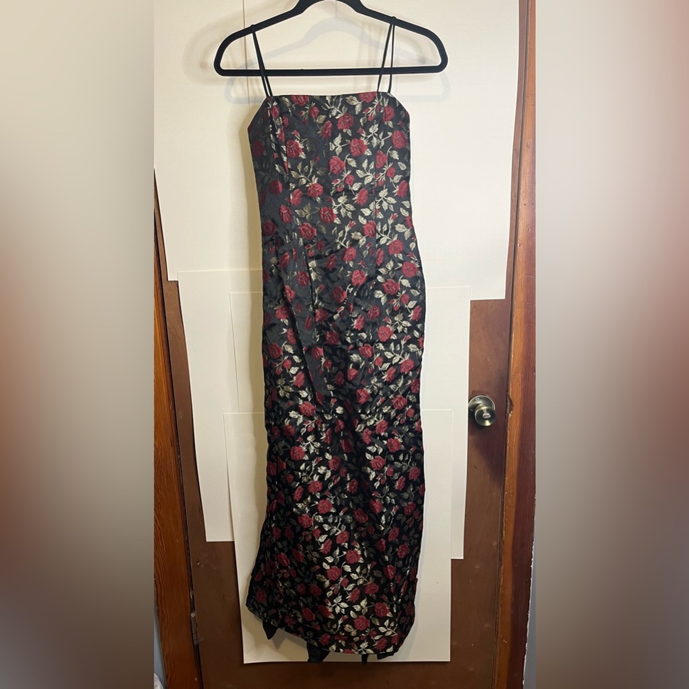 Black Strapless Evening Dress with Red Rose Floral Jacquard